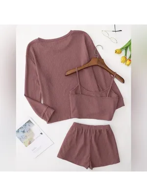 3 Piece Lounge Set, Long Sleeve Top, Cami Top & Elastic Waistband Shorts thumbnail 2