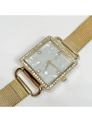 Women’s gold tone watch 27mm square case mop dial rhinestones mesh band running thumbnail 2