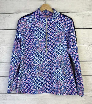LILLY PULITZER Skipper Pullover Top Womens Small Royal Blue‎ Pink Crochet Trim thumbnail 1