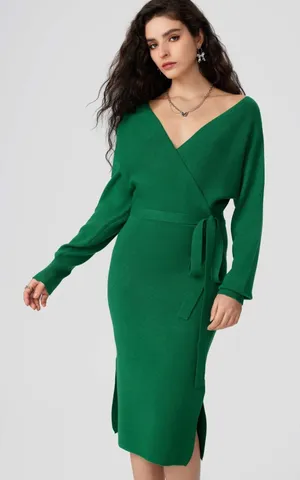 Cider Green Wrap Sweater Dress V-Neck Belted Back Cutout Midi CD20230904384 XS‎ thumbnail 1