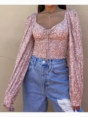 URBAN OUTFITTERS UO Old Soul Smocked Top Mauve Pink ish Leopard Cheetah Crop Top thumbnail 1