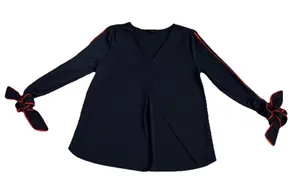 Ann Taylor Women’s Top Medium Navy Blue Red Bow‎ Cuff Career thumbnail 1