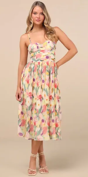 Lulus Aleyna Yellow Abstract Pleated Lace-Up Bustier Midi Dress thumbnail 1