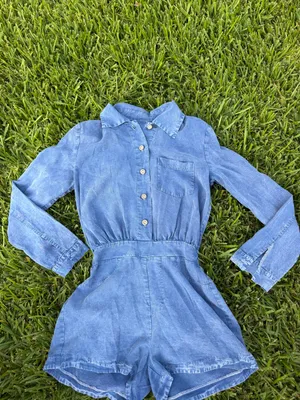Blue Chambray Button Front Collared Romper Elastic Waist Size S thumbnail 2