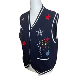 Vintage Robin Sinkler Fireworks Stars‎ Knit Embroidered Vest Medium Patriotic thumbnail 3