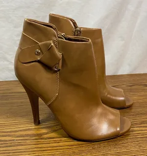 Guess Booties Peep Toe Stiletto Heel Ankle Boots‎ Tan Brown Bow Detail 6.5M thumbnail 1