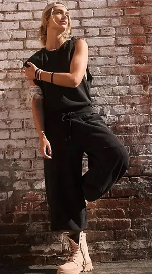 Free People Black Wide-Leg Drawstring Jumpsuit thumbnail 1
