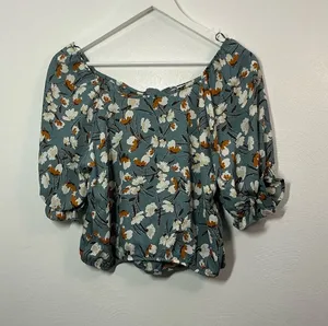 Sienna Sky Floral Puff-Sleeve Blouse in Sage Blue White & Rust Accents Medium thumbnail 1