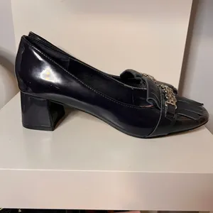 Navy Blue Patent Leather Block Heel Loafers with‎ Chain Detail & Fringe thumbnail 3