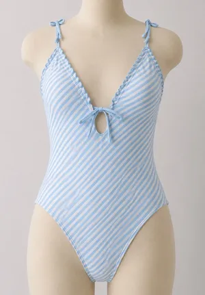Shade & Shore Blue Striped‎ Tie Front Ruffle Cottagecore Swimsuit Medium NEW thumbnail 1