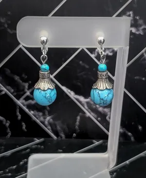Vintage Clip On Earrings Silver Tone & Turquoise Tone Dangle Ball - Statement thumbnail 1