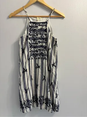 Miami Embroidered Stripe Halter Dress XS Blue White Boho Coastal Chic Mini thumbnail 2
