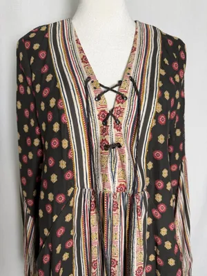 Free People Black Floral & Stripe Lace-Up Long Sleeve Mini Dress thumbnail 3