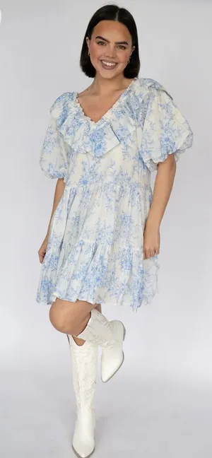 Floral Blue and White Dress thumbnail 1