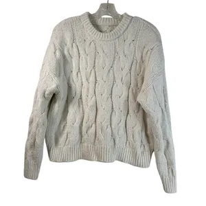Aerie Cream White Cable Knit Sweater Chunky Cotton Blend Crew Neck Small thumbnail 2