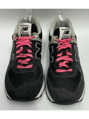 New Balance 574 Sneakers Womens 8 Black Suede Pink Laces Retro Running Athletic thumbnail 3