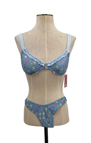Strawberry Milk Mob Brad's‎ Favorite Floral Bikini Set Blue Ruffle NWT Medium thumbnail 1