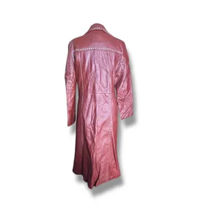 Vintage 70s Burgundy Leather Longline Trench Coat White Whipstitch Western Ranch thumbnail 9