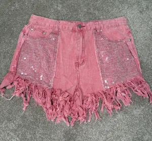 POL Pink Sequin Patchwork Distressed Fringe Denim Shorts Size Large thumbnail 1