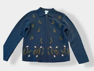 Classic Elements‎ Vintage embroidered leaves cardigan sweater size M thumbnail 1