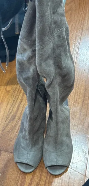 Gray Suede Peep-Toe Booties  thumbnail 1