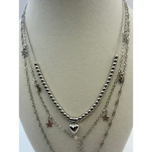 Silver Tone Triple Layered Necklace Heart Star Charms Beaded & Rope Chain Set thumbnail 2