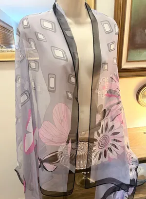 Okinawa Japan Scarf Grey Pink Butterfly Floral Sheer Geometric Print OS thumbnail 1