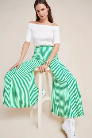 NWOT Anthropologie Mackenzie Striped Extra Wide Green/White Gaucho Crop Pants Sz 10 thumbnail 1