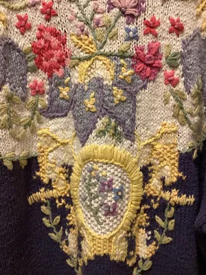 Embroidered Floral Crewneck Sweater in Purple and Cream thumbnail 2