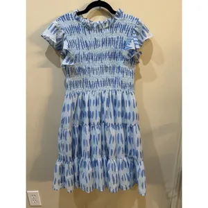 J Marie Dress Abstract Polka‎ Dot White Blue Smocked Size Large Flutter Sleeve thumbnail 2