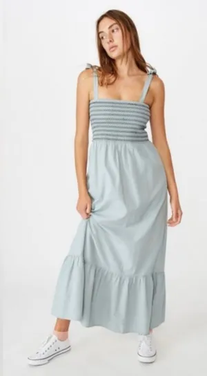 Cotton On Light Blue Smocked Midi Dress with Tie Shoulders thumbnail 1