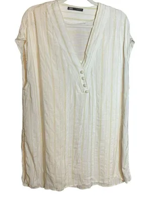 Zara Women’s Yellow & Cream lightweight Lagenlook Textured Tunic‎ Sz M thumbnail 1