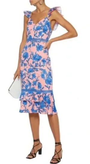 Alice + Olivia Jade Ruffled Floral Midi Dress Coral Blue Lace‎ Illusion Size 12 thumbnail 1