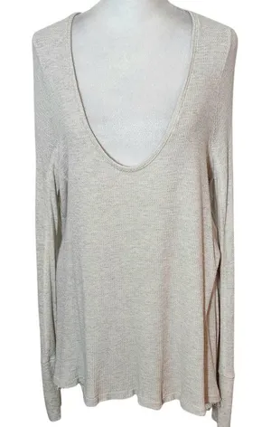 Free People We the Free Oatmeal Distressed Long Sleeve Scoop Neck Top Size Medium thumbnail 1