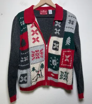Holiday Lodge Women Wool Patchwork Sweater M Multicolor Christmas Ski Snowflake thumbnail 1