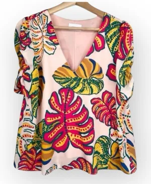 Adrienne Tropical Palm Print V-Neck Half Puff Sleeves Blouse Top Size Medium thumbnail 1