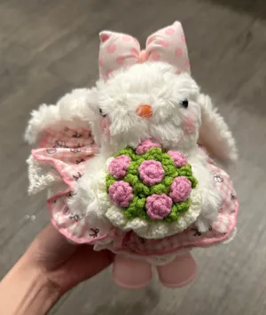White Plush Bunny Doll with Pink Accents and Crocheted Flower thumbnail 1
