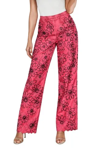 Jade Silk Pants Womens Size 4 Floral Embroidered Pink Scalloped Hem Lined Boho thumbnail 1