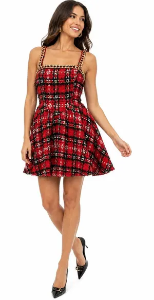 L'Atiste Tweed Dress Size Medium Red Black Plaid Preppy Y2K Retro Holiday Party thumbnail 1