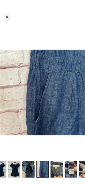 Storee Dark Chambray Off Shoulder Shorts Romper 100% Cotton Navy Small. Like new. Stretchy band around upper arms. Zipper on side. No stretch in body but stretchy waist. Pockets. 14” bust 21” rise 3” inseam thumbnail 6