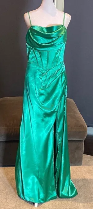 Women’s Green Full Length Prom Dress Criss Cross Straps Leg Slit Size 10 *READ thumbnail 1