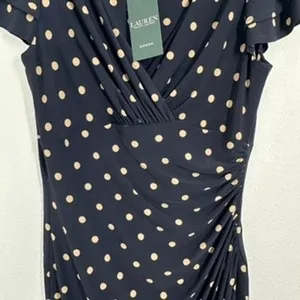 Lauren Ralph Lauren Navy Blue Tan Polka Dot Ruched Sheath Dress‎ Size 8 NWT thumbnail 7
