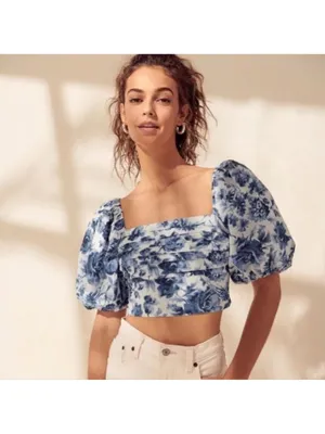 Abercrombie & Fitch Emerson Blue White Floral Crop Smocked Puff Sleeve Top Small thumbnail 2
