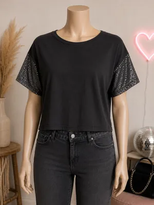American Eagle Outfitters Black Sequin Sleeve Cropped Tee thumbnail 1