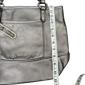 B. Makowsky Metallic Silver Leather Tote‎ Handbag Cheetah Print Lining thumbnail 8