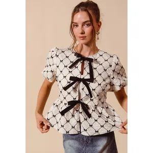SO ME Bow Texture Woven Peplum Top With Contrast Tie - Ivory - Small thumbnail 6