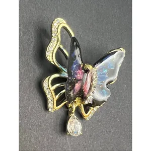 Blue Pink Glitter Resin Wings Gold Tone Rhinestone Butterfly Brooch thumbnail 6