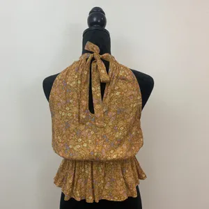 Japna Floral Halter Peplum Womens S Top Mustard Yellow Smocked Tie Back thumbnail 2