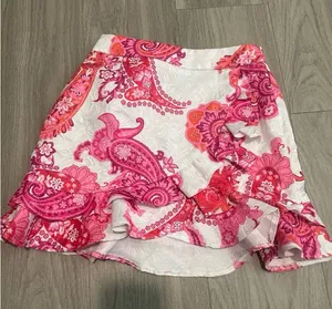 SHEIN White Mini Skirt with Pink & Orange Paisley Ruffles thumbnail 1