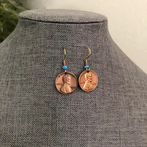 Retro Boho Hippie Indie Handmade Blue Bronze Copper gold cent penny money hoop earrings thumbnail 1